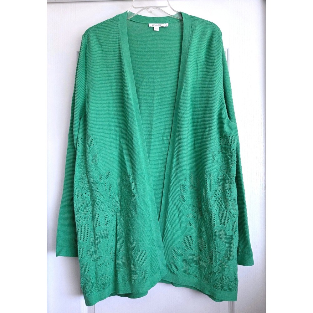 Chicos Green Ribbed Pointelle Lace Open Front Long Cardigan Sweater Size 3 XL